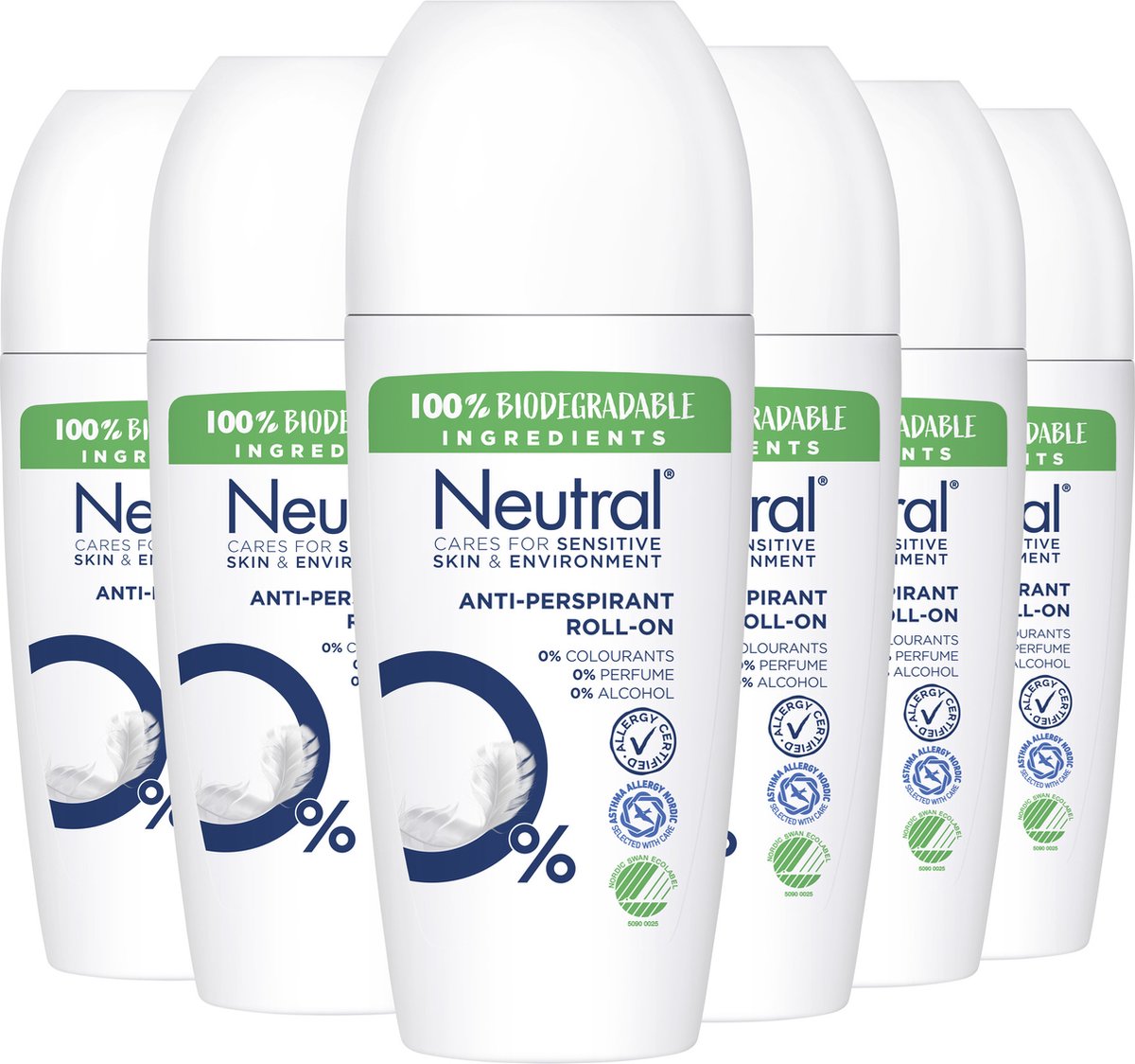 Neutral anti-transpirant deodorant roller Parfumvrij - 6 x 50 ml