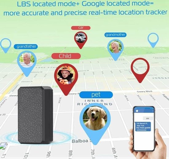Zwarte GPS tracker op een kaart met locaties van een kind, huisdier, oma en auto.