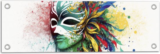 Tuinposter – Waterverf Tekening van Kleurrijke Carnavals Masker tegen Witte Achtergrond - 60x20 cm Foto op Tuinposter (wanddecoratie voor buiten en binnen)