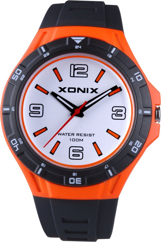 Xonix CAO-002 - Horloge - Analoog - Unisex - Rond - Siliconen band - ABS - Cijfers - Zwart - Oranje - Wit - Waterdicht - 10 ATM