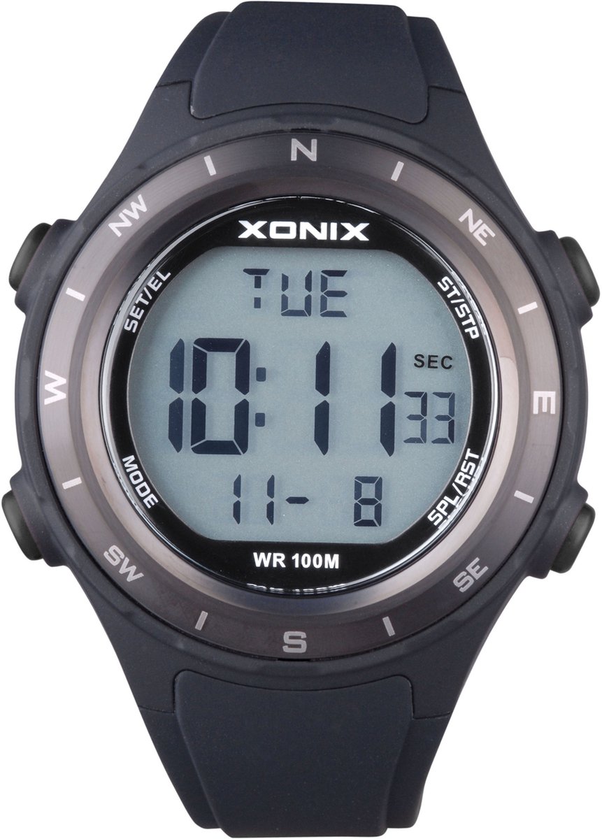 Xonix DBA-006A - Horloge - Digitaal - Unisex - Siliconen band - ABS - Cijfers - Achtergrondverlichting - Datumaanduiding - Alarm - Start-Stop - Chronograaf - Tweede tijdzone - Zwart - Waterdicht - 10 ATM