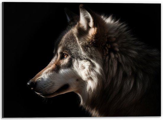 Dibond - Zijaanzicht van Kop van Wolf tegen Zwarte Achtergrond - 40x30 cm Foto op Aluminium (Wanddecoratie van metaal)