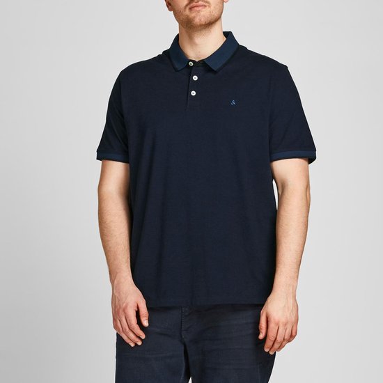 Man staat, draagt een donkerblauwe poloshirt met korte mouwen, donkere broek, donkerblauwe kraag.
