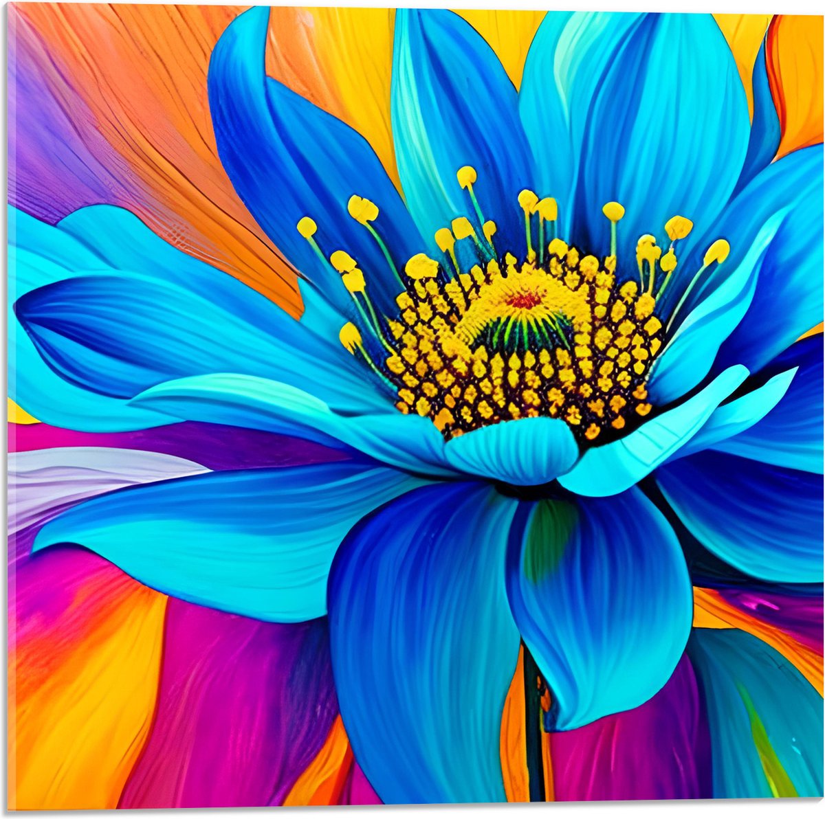 Acrylglas - Waterverf Tekening van Blauwe Lelie in Kleurrijke Omgeving - 50x50 cm Foto op Acrylglas (Met Ophangsysteem)