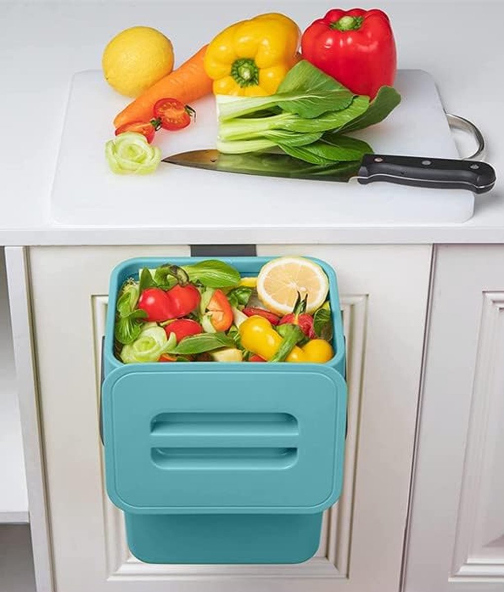 Kleine compostbak voor keuken -1,3 gallons/5L prullenbak voor keuken, aanrecht containerbak met deksel voor vuilniscomposter keuken-indoor prullenbak voor keuken (blauw)