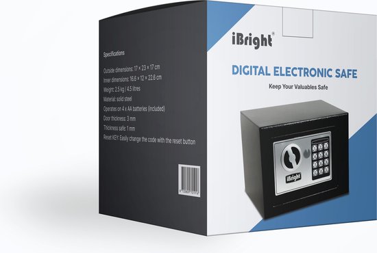 iBright Elektronische Kluis Met Cijferslot - Incl 2 Noodsleutels en Bevestigingsmateriaal- Kluisje - Zwart - 230x170x170