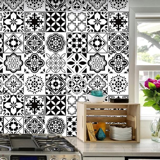 STAR&STER Zwart-wit Marokkaanse tegelstickers, waterdicht en anti-olie huis decoratieve muurstickers, voor keuken, slaapkamer, woonkamer, badkamerdecoratie (15x15cm/24st)