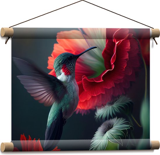 Textielposter - Close-up van Kolibrie Vliegend bij Rode Bloeiende Bloemen - 40x30 cm Foto op Textiel