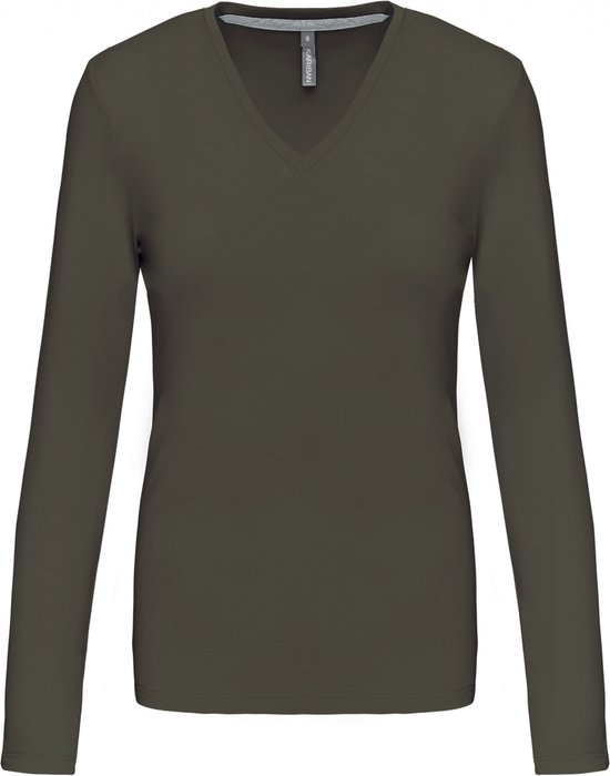 Kariban Dames t shirt V hals lange mouwen K382 Dark Khaki L bol