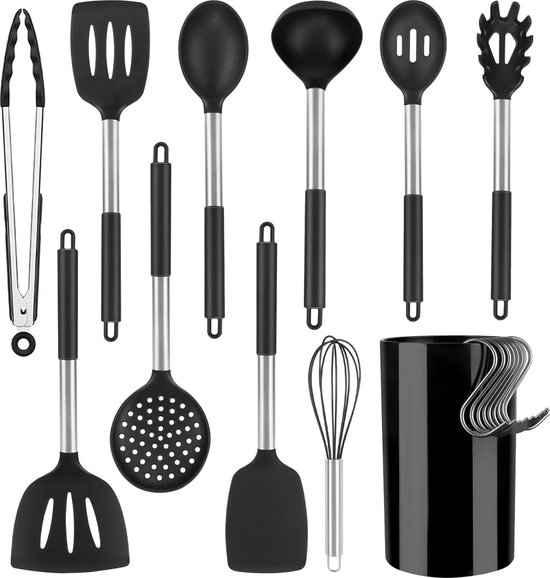 Lot Ustensiles de cuisine, 12 pièces, silicone et bois (Noir)