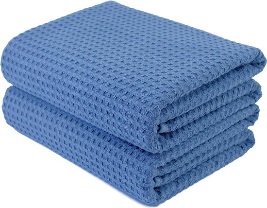Serviette de bain en microfibre - non pelucheuse et à séchage rapide - structure gaufrée - très grande - bleu - 152 x 76 cm - 2 pièces