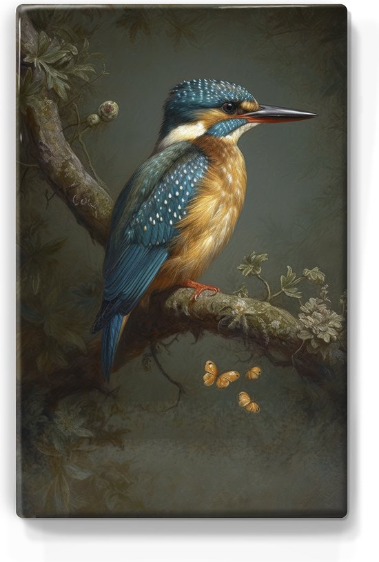 Ijsvogel Met Vlinders - Mini Laqueprint - 9,6 x 14,6 cm - Niet van echt te onderscheiden handgelakt schilderijtje op hout - Mooier dan een print op canvas.