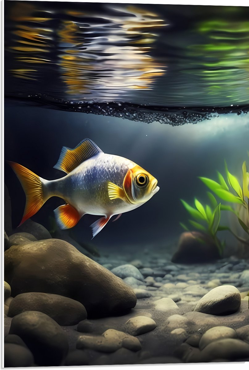 PVC Schuimplaat - Zilver met Oranjekleurige Vis Zwemmend in Aquarium - 50x75 cm Foto op PVC Schuimplaat (Met Ophangsysteem)