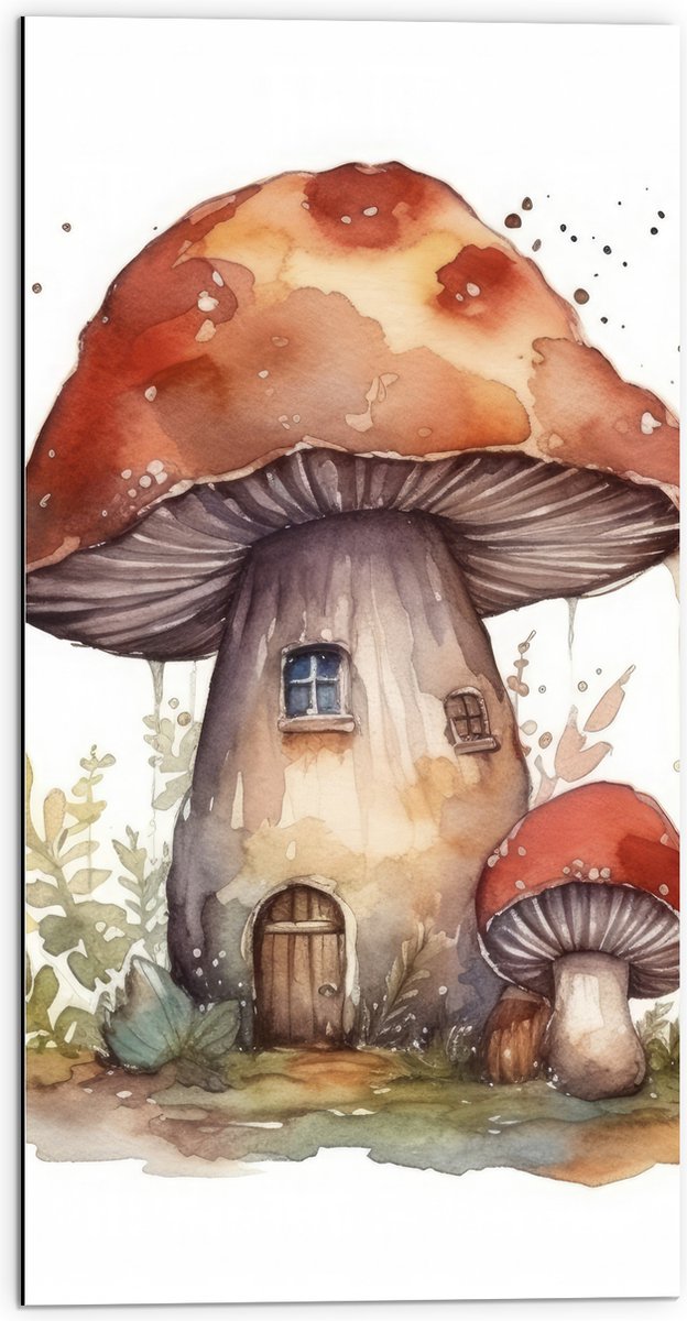 Dibond - Waterverf Tekening van Paddenstoelen Huisje - 50x100 cm Foto op Aluminium (Wanddecoratie van metaal)