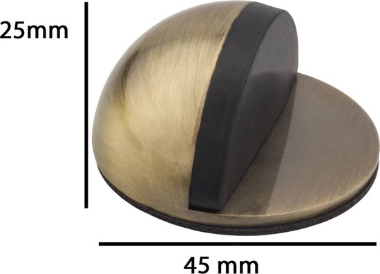 Een antieke messing deurstopper met een gebogen rubberen bovenkant. Afmetingen: 45 mm breed, 25 mm hoog.