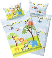 Kinderbeddengoed dieren, 100 x 135 cm + 40 x 60 cm, katoen, ritssluiting, jungle-dieren, dierentuin motief, kinderbeddengoedset, giraf, leeuw en aap, voor jongens en meisjes, blauw-geel