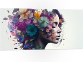 PVC Schuimplaat- Vrouw met Kapsel van Kleurrijke Bloemen tegen Witte Achtergrond - 100x50 cm Foto op PVC Schuimplaat