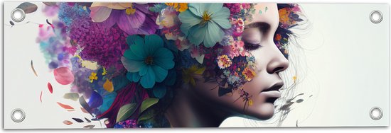 Tuinposter – Vrouw met Kapsel van Kleurrijke Bloemen tegen Witte Achtergrond - 60x20 cm Foto op Tuinposter (wanddecoratie voor buiten en binnen)