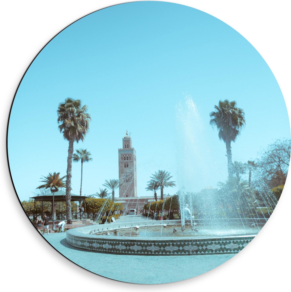 Dibond Muurcirkel - Gebouw - Fontein - Water - Bomen - Palmbomen - Mensen - 50x50 cm Foto