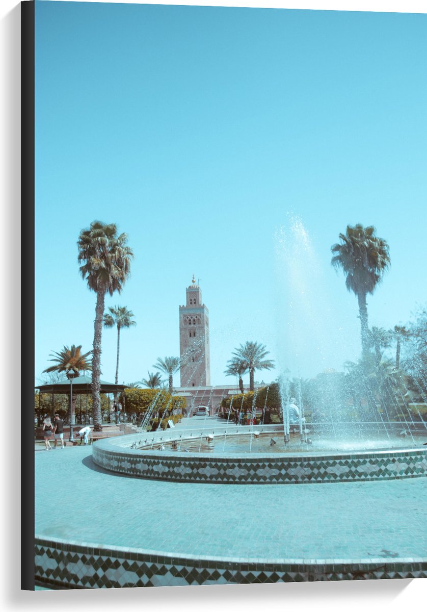 Canvas - Gebouw - Fontein - Water - Bomen - Palmbomen - Mensen - 60x90 cm Foto op Canvas S