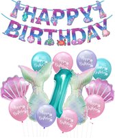 Snoes - Zeemeermin Feest Set - Ballonnenpakket met Happy Birthday Slinger - Turquoise Mint Cijfer Ballon 1 Jaar