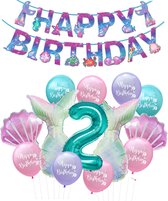 Zeemeermin Feest Set - Ballonnenpakket met Happy Birthday Slinger - Turquoise Mint Cijfer Ballon 2 Jaar