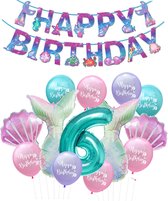 Snoes - Zeemeermin Feest Set - Ballonnenpakket met Happy Birthday Slinger - Turquoise Mint Cijfer Ballon 6 Jaar