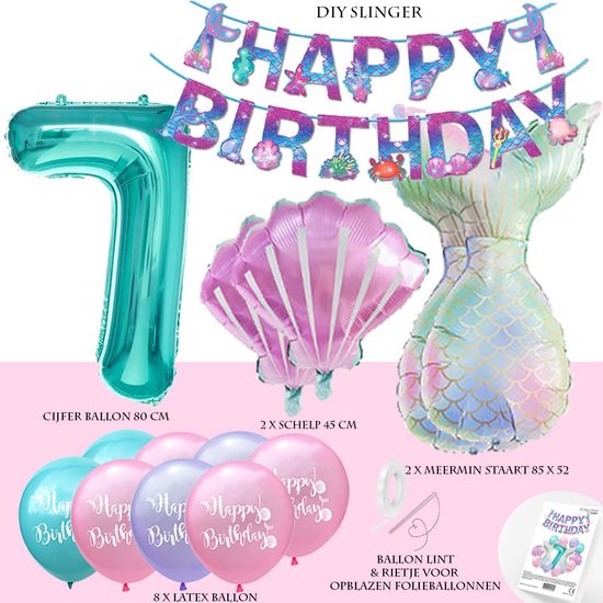 Ballon en aluminium Sirène Happy Birthday bleu et doré