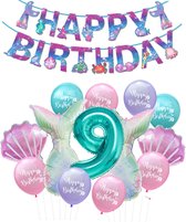 Snoes - Zeemeermin Feest Set - Ballonnenpakket met Happy Birthday Slinger - Turquoise Mint Cijfer Ballon 9 Jaar