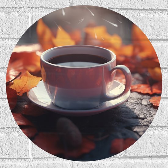 Muursticker Cirkel - Verse Kop Koffie tussen Herfstbladeren - 40x40 cm Foto op Muursticker