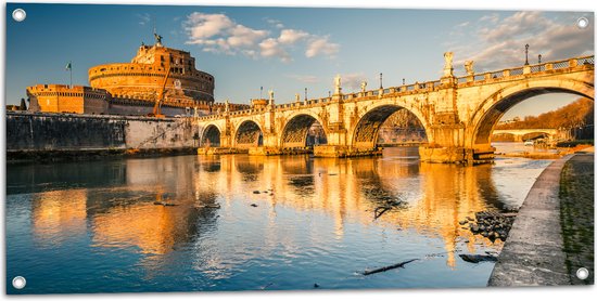 Tuinposter – Zonsondergang bij Brug over Rivier in Rome - 100x50 cm Foto op Tuinposter (wanddecoratie voor buiten en binnen)