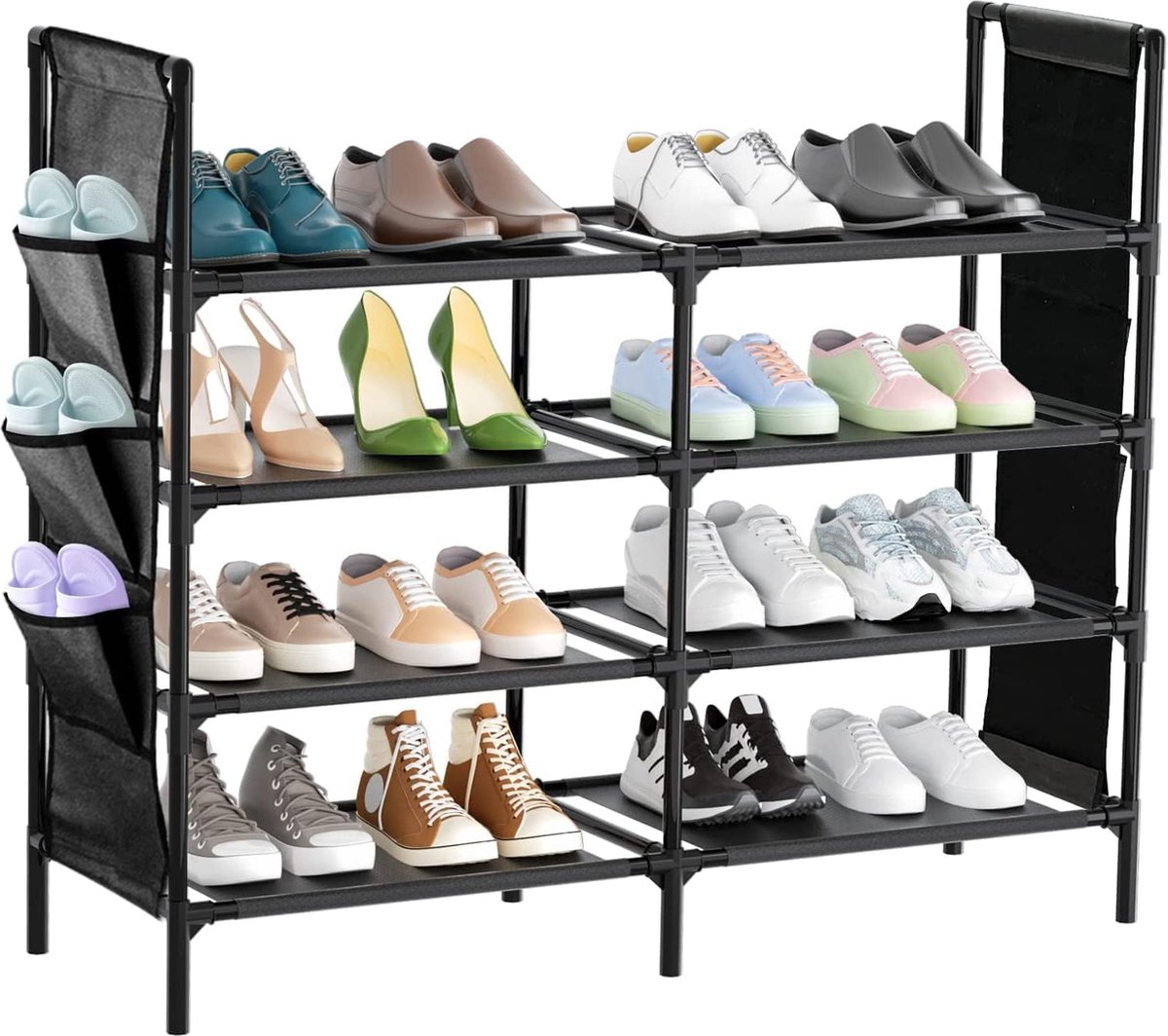 Schoenenrek met 4 niveaus, stabiele schoenenkast met 6 zijvakken, schoenenopslag, metalen frame, planken van vliesstof, voor hal, slaapkamer en ingang, 76,9 x 28,9 x 89,9 cm