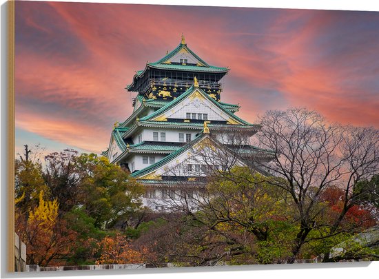 Hout - Wit met Blauw en Goud Osaka Kasteel, Japan - 100x75 cm - 9 mm dik - Foto op Hout (Met Ophangsysteem)