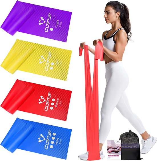 Terra Band set van 4 fitnessbanden met 4 weerstandsniveaus, oefenband Terraband met draagtas & oefeninstructies (mogelijk niet beschikbaar in het Nederlands). Ideaal voor yoga, pilates, krachttraining, fysiotherapie