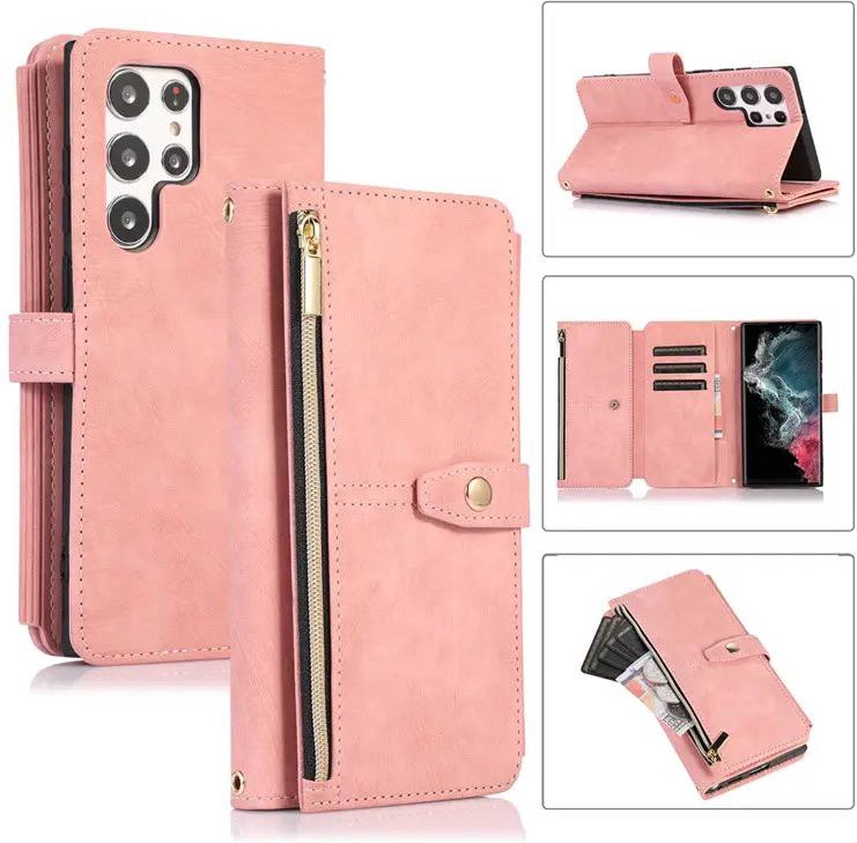 Hoesje Samsung galaxy S23 Ultra Roze hoesje-Book Case – Portemonnee Hoesje – Wallet book case - ruimte voor Extra pasje en munten-super stevige hoesje portemonnee Samsung S23 Ultra