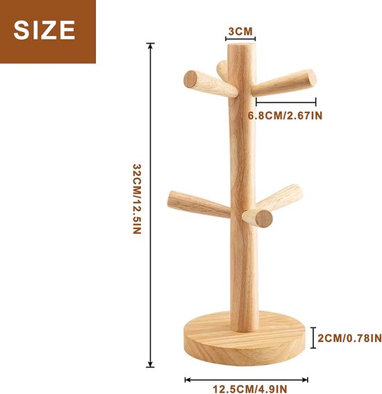 Porte-gobelet en bois, porte-gobelet en bois avec 6 crochets