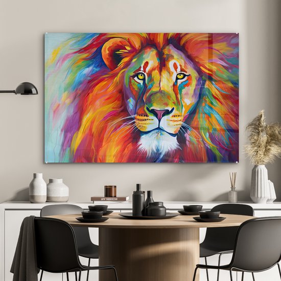 MuchoWow® Peinture sur verre 120x80 cm - Peinture sur verre acrylique - Lion - Animaux - Peinture à l'huile - Arc-en-ciel - Photo sur verre - Peintures