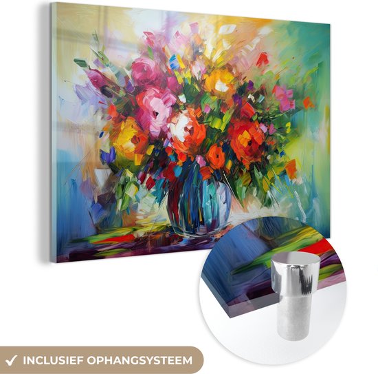 MuchoWow® Glasschilderij 120x80 cm - Schilderij acrylglas - Bloemen - Kleurrijk - Bloempot - Olieverf - Foto op glas - Schilderijen