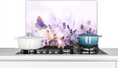 Spatscherm keuken 60x40 cm - Kookplaat achterwand Lavendel - Vlinder - Paars - Bloemen - Natuur - Muurbeschermer - Spatwand fornuis - Hoogwaardig aluminium