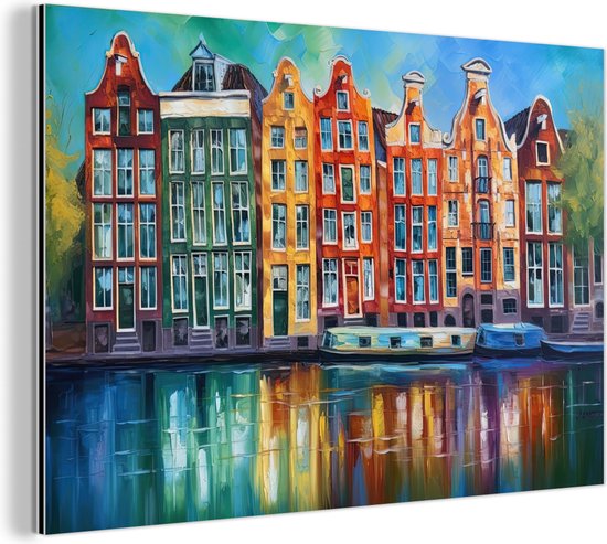 Wanddecoratie Metaal - Aluminium Schilderij Industrieel - Amsterdam - Olieverf - Gracht - Schilderij - Kunst - 90x60 cm - Dibond - Foto op aluminium - Industriële muurdecoratie - Voor de woonkamer/slaapkamer