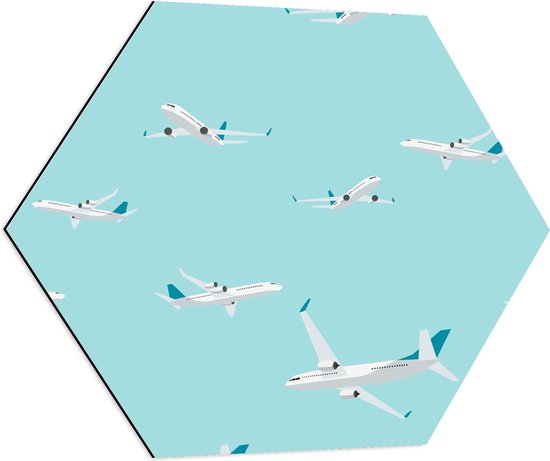 Dibond Hexagon - Patroon van Wit met Blauwe Vliegtuigen op Lichtblauwe Achtergrond - 70x60.9 cm Foto op Hexagon (Met Ophangsysteem)