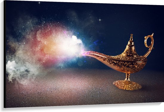 Canvas - Magische Gouden Lamp met Kleurrijke Rook - 150x100 cm Foto op Canvas Schilderij (Wanddecoratie op Canvas)