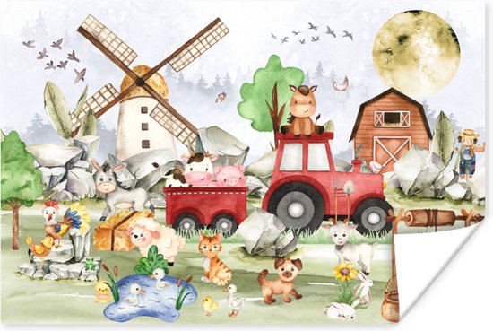 Poster - Boerderij - Trekker - Kinderen - Dieren - Muurposter kinderkamer - Fotoposter - Kinderposter - Poster voor kinderen - Slaapkamer - 60x40 cm - Kamer decoratie - Muurdecoratie