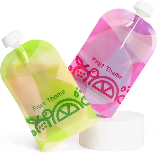Twee knijpzakjes, één met groene fruitprint 'Fruit Theme', de ander met roze geometrische print.