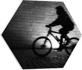 PVC Schuimplaat Hexagon - Vage Schim op Fiets Rijdend door de Stad - 50x43.5 cm Foto op Hexagon (Met Ophangsysteem)