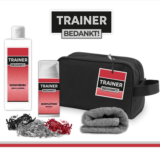 Foto: Geschenkset trainer bedankt 4 producten 500 gram cadeau vrouw toilettas toernooi voetbal volleybal hockey handbal basketbal korfbal trefbal waterpolo rugby sport wedstrijd showergel bodylotion giftset coach