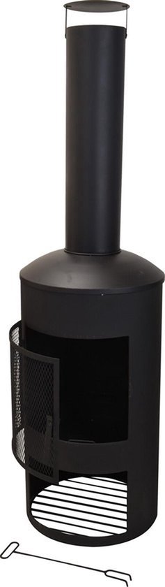 Zwarte buitenhaard met scharnierende deur, grill en stookrooster. Inclusief pook.