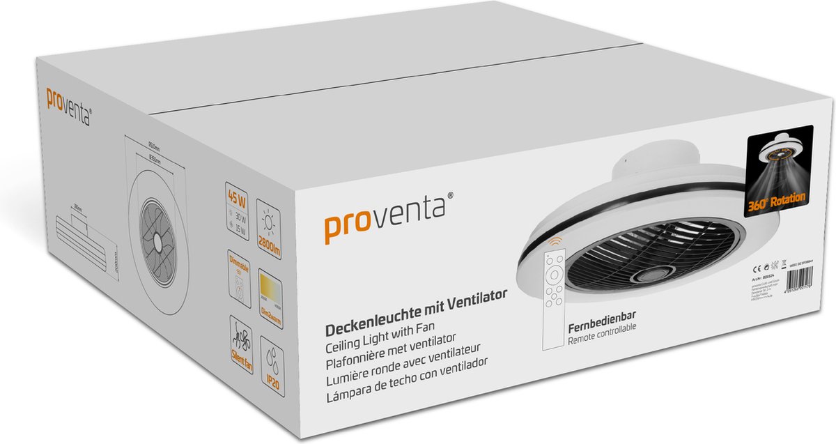 Proventa Plafondventilator met LED verlichting - Dimbaar met afstandsbediening - Plafondlampen met Ventilator & Lamp - Zwart Wit - Ventilatorlamp - Ventilatoren plafond - Plafonventilator thumbnail 5