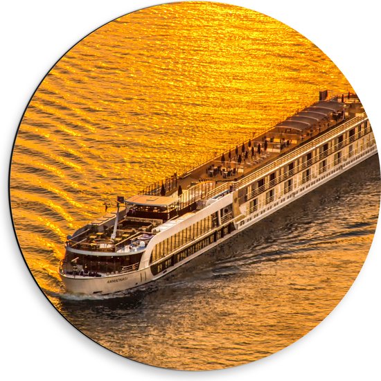 Dibond Muurcirkel - Toeristenboot op het Water tijdens de Zonsondergang - 50x50 cm Foto op Aluminium Muurcirkel (met ophangsysteem)