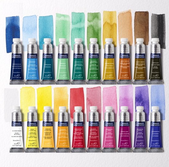 20 tubes de peinture à l'aquarelle Winsor & Newton avec des échantillons de couleur au-dessus de chaque tube.